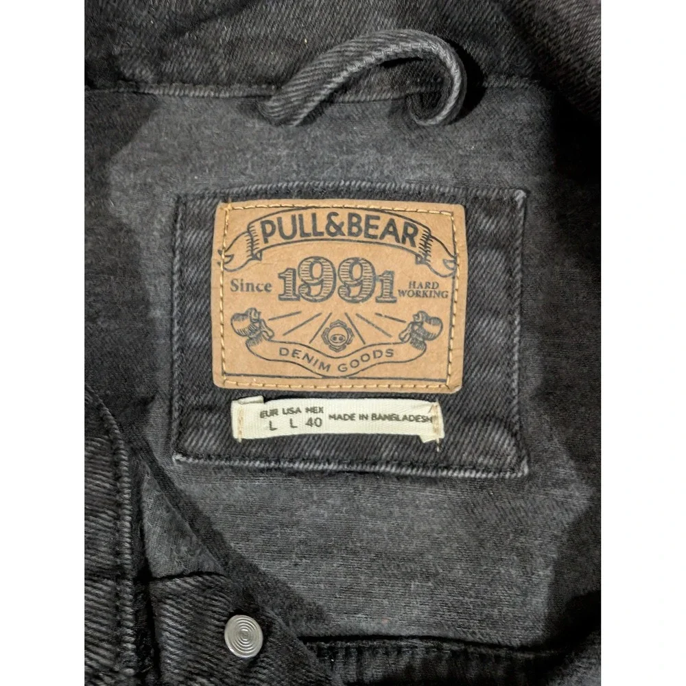 Pull&Bear Mens Washed Black Denim Trucker Jacket Large L Button Up Cotton